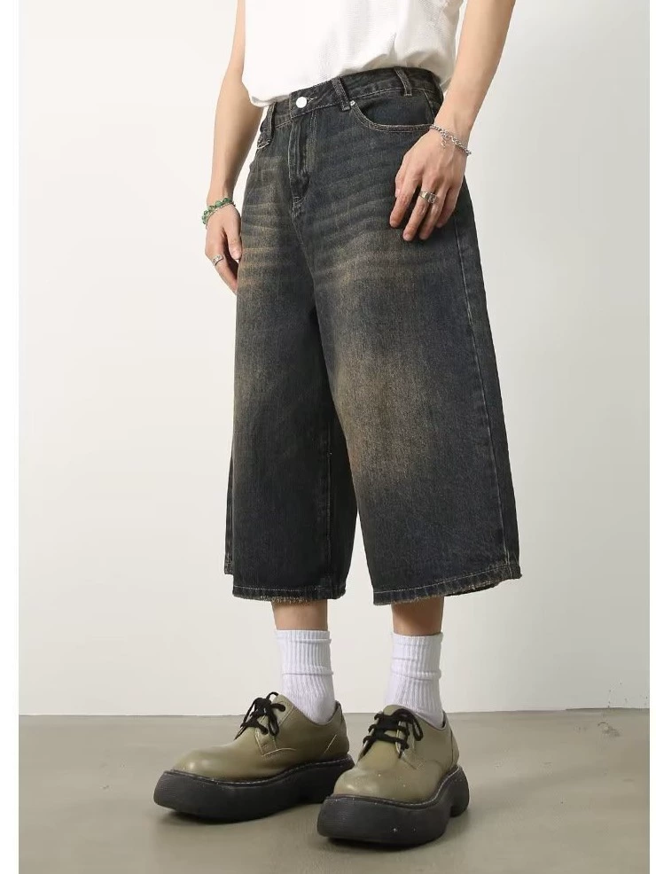 Retro denim wide-leg culottes, women's loose straight fit, summer American style, multiple sizes