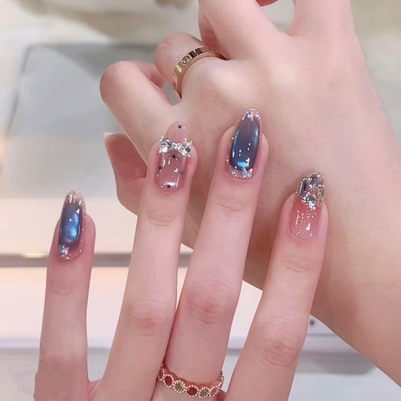 [Blue Bow] New Style Blue Cat-Eye Nail Tips That Enhance Complexion, Handmade Wearable Nails with a High-End Feel, Pure Handmade Nail Pieces