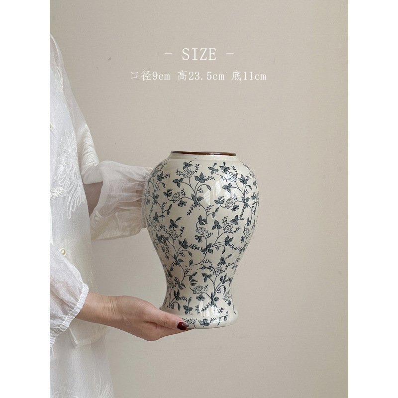 Nuevo jarrón de cerámica azul china nueva decoración de estilo chino sala de estar floral decoración de vestíbulo de estilo antiguo peonía floral
