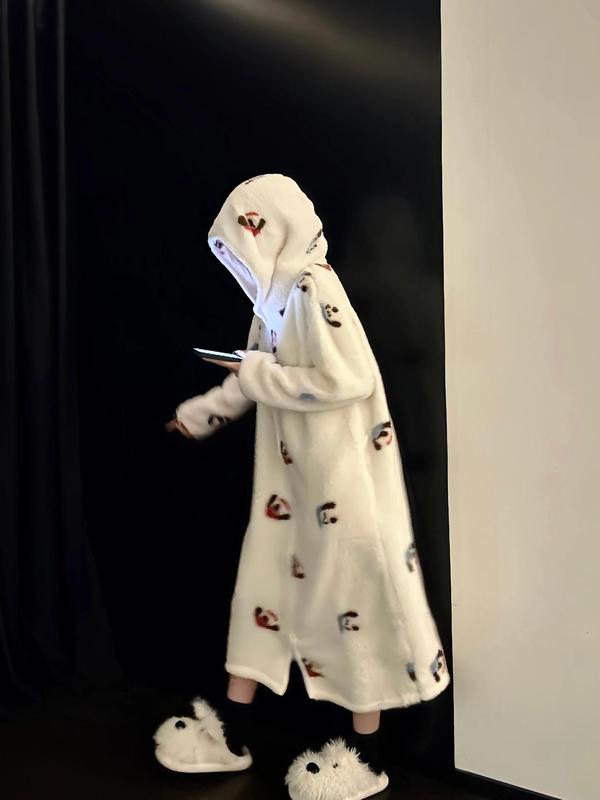 甜美可爱卡通印花珊瑚绒睡袍女款冬季加绒加厚保暖连帽家居服睡衣|undefined