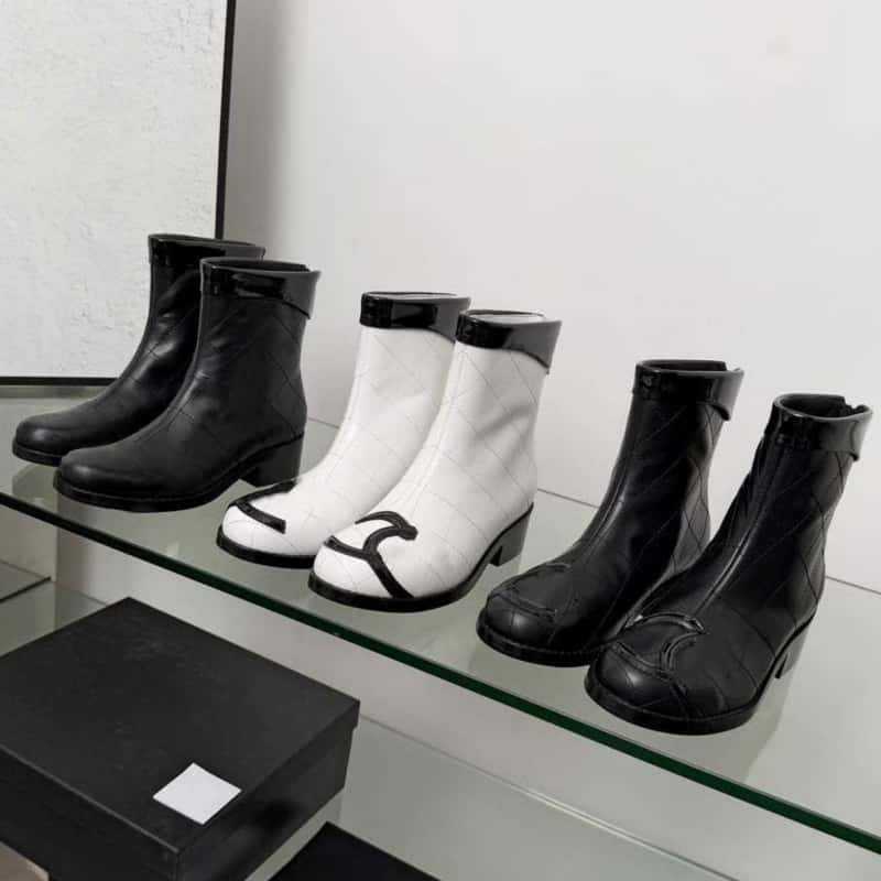 Genuine Leather Women's High Knee Boots Autumn Winter Chanel Style Round Toe Chunky Heel Knee-High Boots Women's Slip-On Straight Short Boots