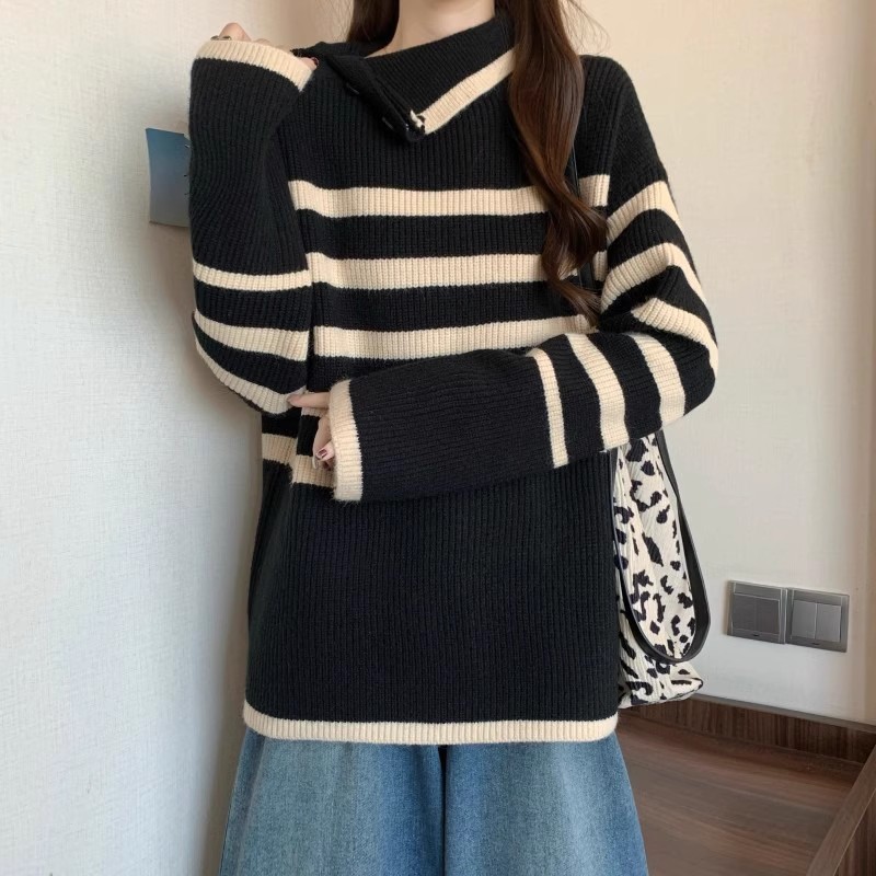 设计感不规则高领条纹长袖针织衫女2025年秋季新款宽松中长款上衣|undefined