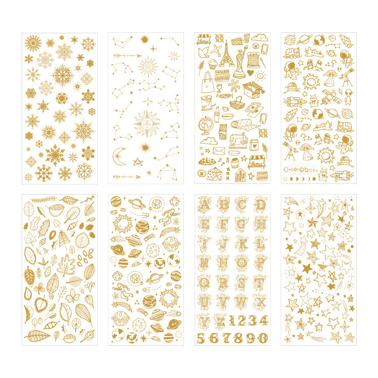Estampado de oro alto para ver el mundo pegatinas PVC libro de mano constelación cósmica letras inglesas copo de nieve pegatinas de material pentaco