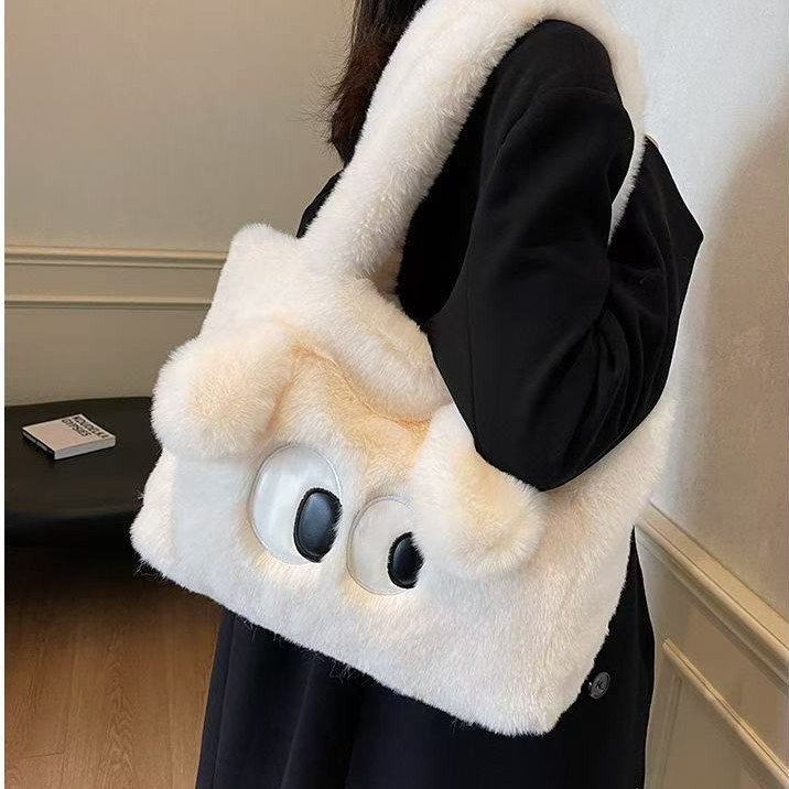 跨境大眼睛爆款毛绒包包女2025新款可爱时尚托特包腋下手提包卡通