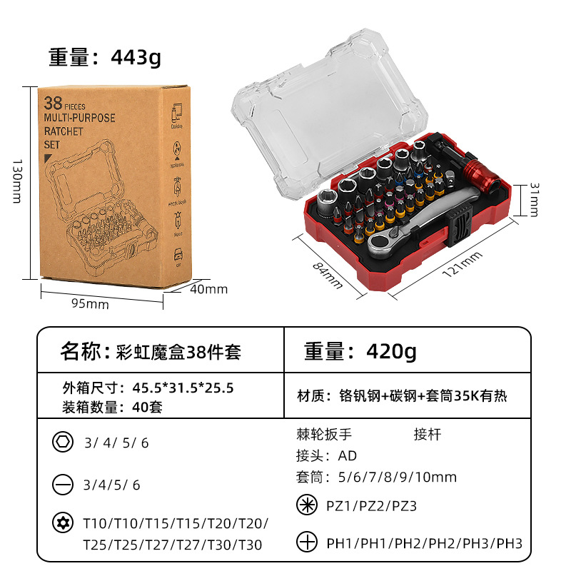 Juego transfronterizo de 38 piezas de manguito de punta de arco iris caja mágica destornillador de cabeza de lote magnético fuerte de 6,3mm Herramientas para el hogar