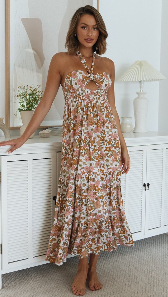 halter neck open back printed large swing long dress NSJKW119841