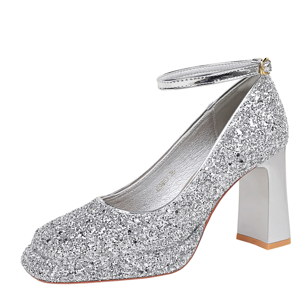 9983-K106 style women's shoes with thick heels, high heels, waterproof platform, shallow mouth, square toe, sequins, straight strap, single shoe, wedding shoes