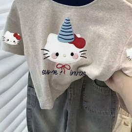 女童宝宝夏季新款纯棉短袖T恤卡通可爱KT猫印花上衣撞色韩版儿童t