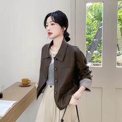実拍濃い茶色の短い革服コート女性2025年春秋新作高級感pu革ジャケット機関車服