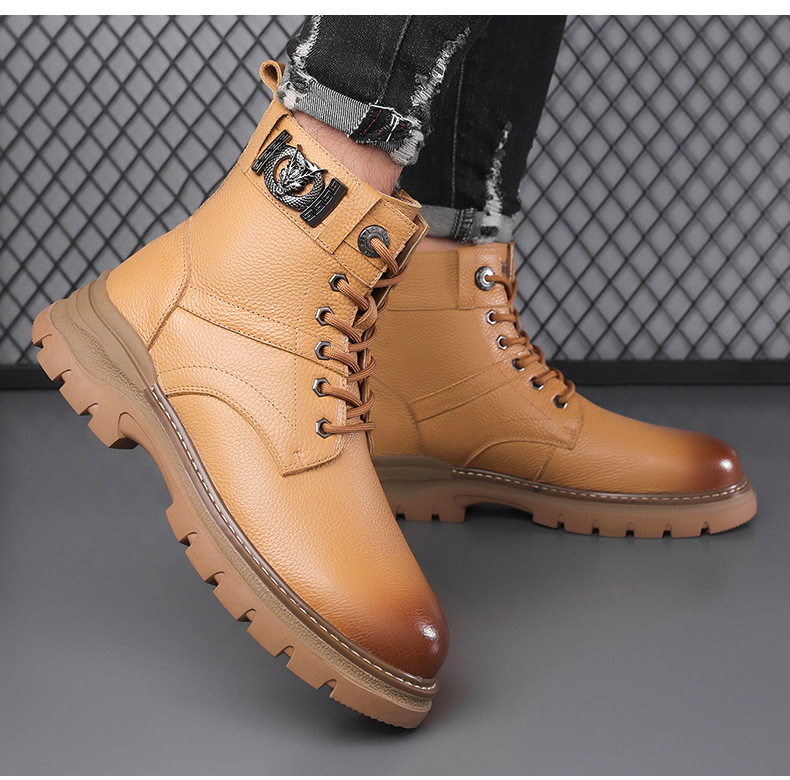 Giày bốt Martin nam cổ cao da bò thật lót nhung giữ ấm, gót 3–5 cm — Giày bốt đơn Q6885 màu nâu, Giày bốt đơn Q6885 màu đen, Q6885 cộng với nhung đen, Q6885 plus nhung nâu chi tiết 19