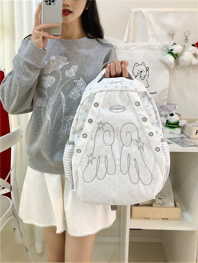 Cute Backpack for Female Students, Korean Style, Niche Polka Dot and Star Embroidery, Lightweight Travel Backpack, Trendy and Unique