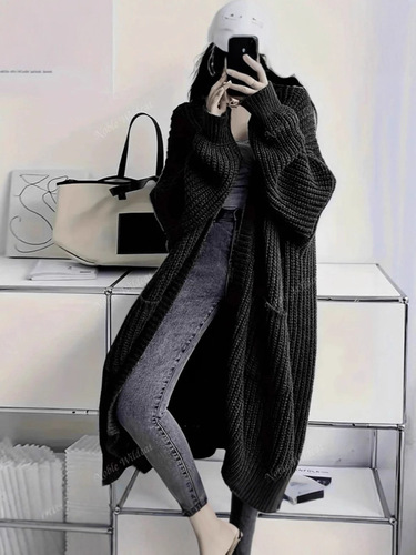Sweater coat for women 2026 autumn and winter lazy trend medium and long over-the-knee loose all-matching base long-sleeved knitted cardigan