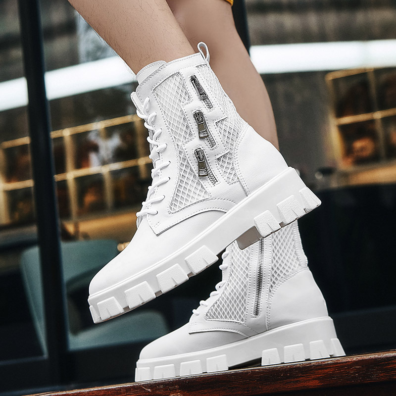 Summer Martin Boots Men's White Hollow Breathable High-top Shoes Thin Boots Men's Thick Sole Height Increasing Chelsea Men's Boots