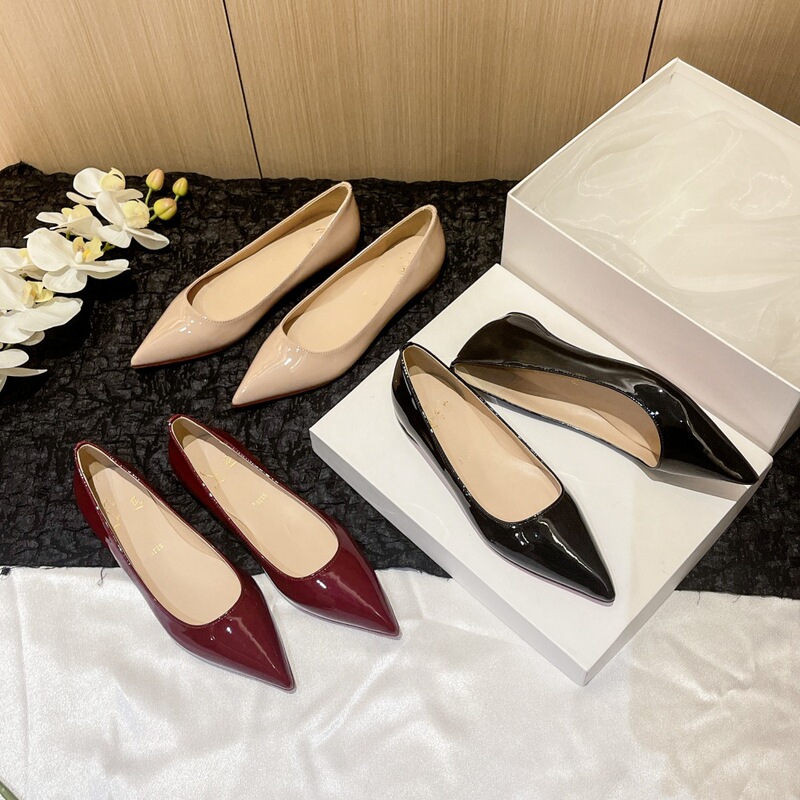[Highben Edition] Nude Flats Shoes with Pointed Toe and Inner Heightening and Shallow Mouth Cl Work Red Sole French Style Women's Shoes