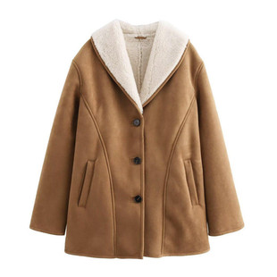 Cross-border 2024 Cross-border Women's Clothing Autumn and Winter European and American Style Street Fashion Lapel Reverse Suede Brown Coat