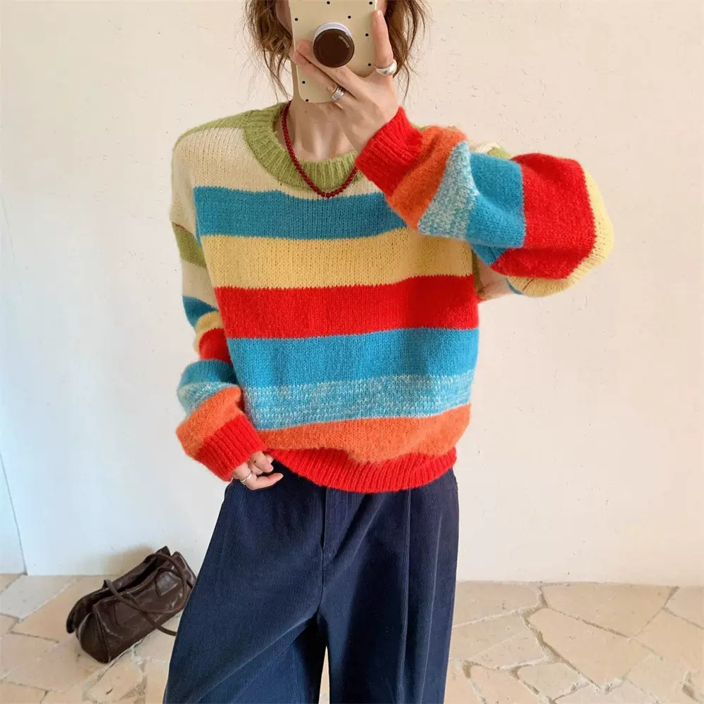 甜美气质彩虹条纹毛衣女上衣秋冬新款慵懒宽松圆领短款针织衫外穿