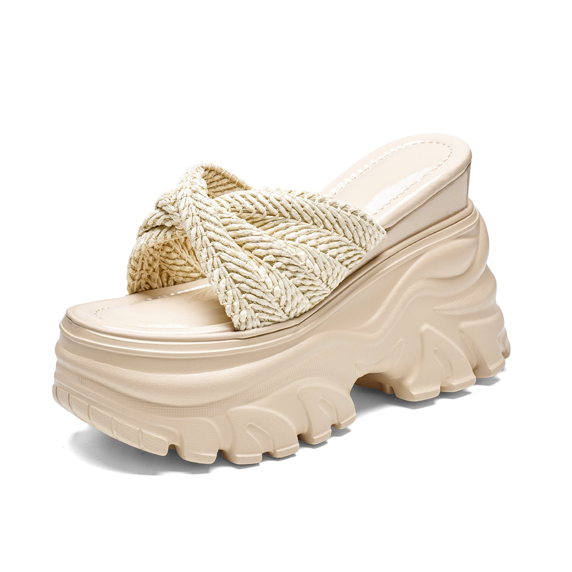 Dép sandal nữ quai đan kiểu La Mã đế xuồng cao 5 cm, phong cách nghỉ dưỡng bãi biển — màu trắng ngà