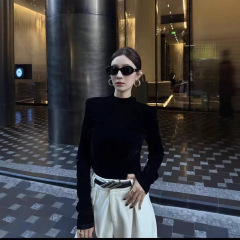 不退不换叁6001弹力半高领金丝绒小衫有垫肩显瘦打底T恤衫女
