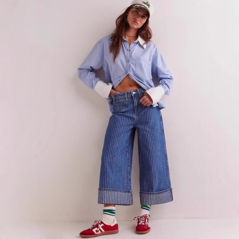 European and American Cross-Border New Style Retro Washed Distressed Striped Slimming Straight-Leg Women's Jeans European and American Cross-Border New Style Retro Washed Distressed Striped Slimming Straight-Leg Women's Jeans