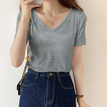 黑色面膜正肩短袖T恤女V领夏季2024新款棉修身显瘦韩版低领上衣潮