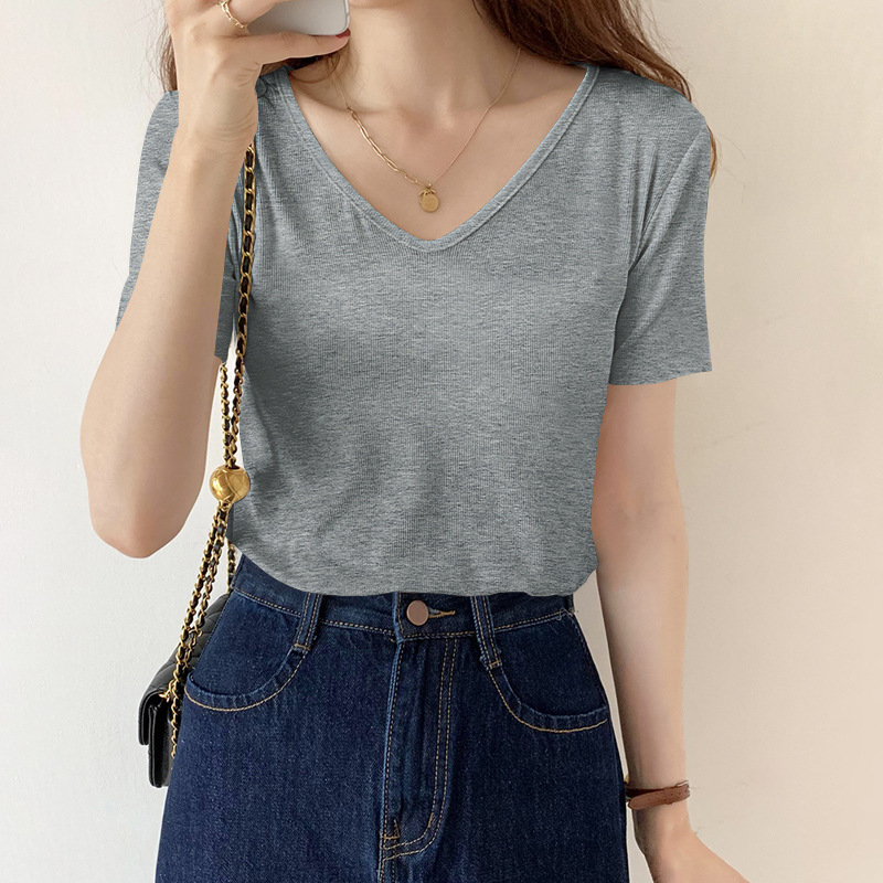 黑色面膜正肩短袖T恤女V领夏季2024新款棉修身显瘦韩版低领上衣潮