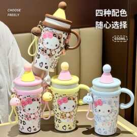 卡通可爱猫咪保温杯750ML 不锈钢带手柄女学生便携大容量水杯
