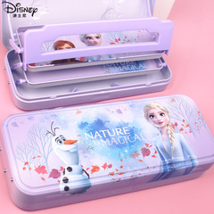 迪士尼鐵筆盒三層馬口鐵文具盒女孩帶看書架小學生多功能鉛筆盒大