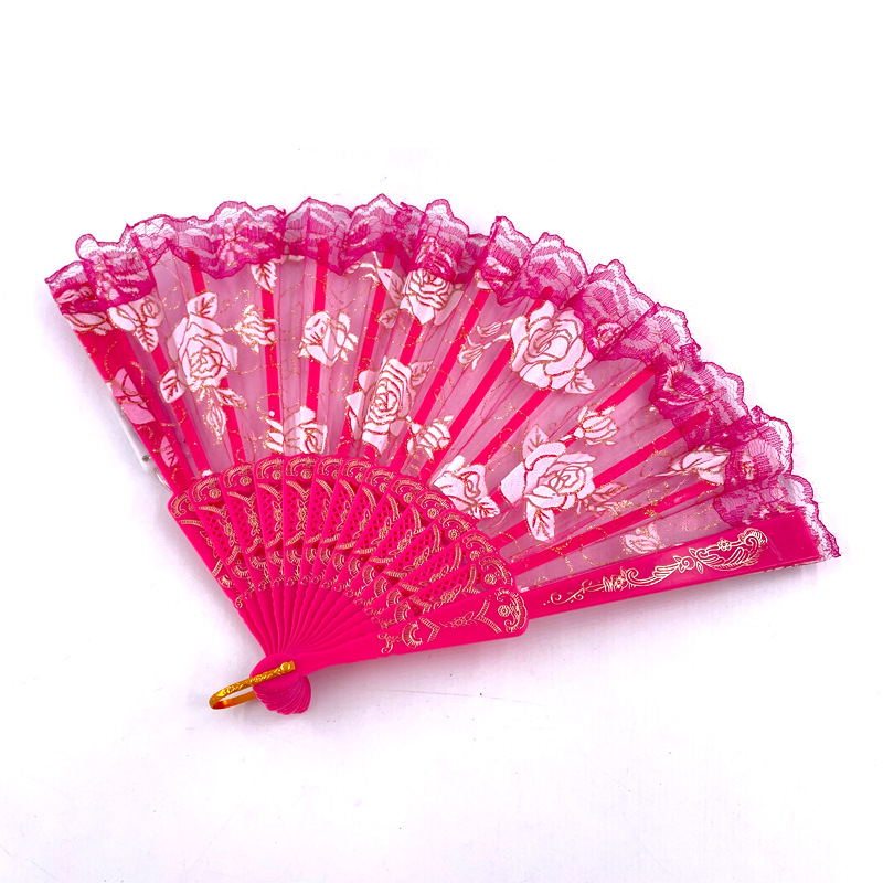 #593-4 7寸-6V双功能-玫瑰蕾丝扇玫红色粉色