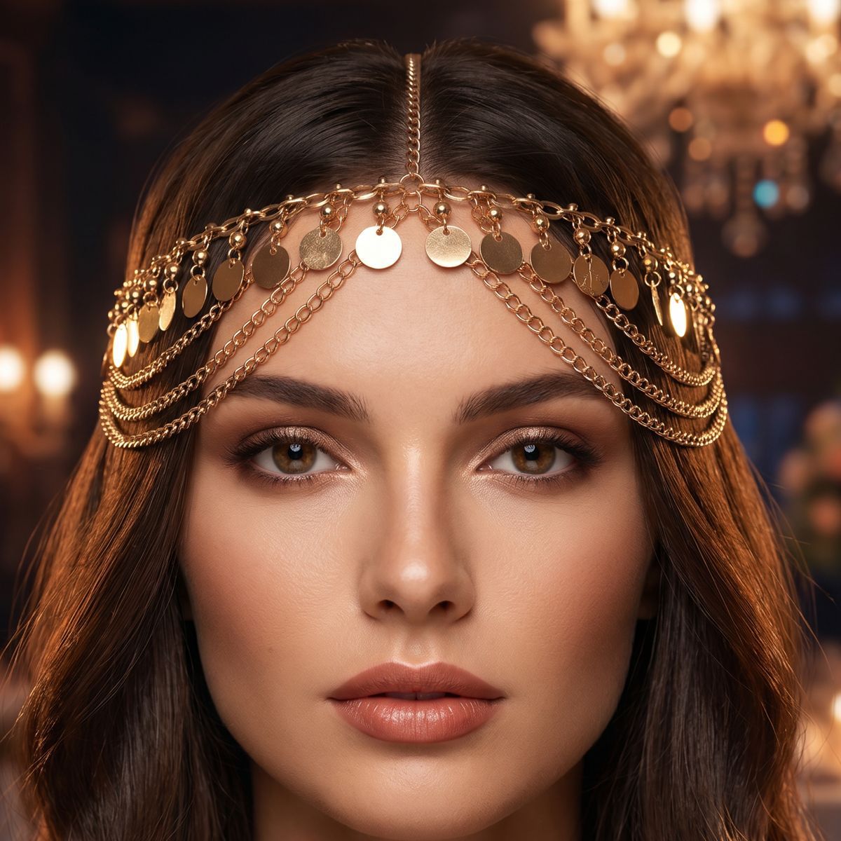 Amazon's best-selling headwear: European and American fashion gold geometric disc chain tassel headband for women, suitable for parties and vacations