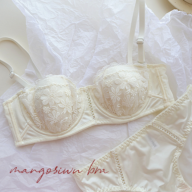 French satin lace thin underwear for women summer big chest small chest gathering soft steel ring anti-sagging bra set 