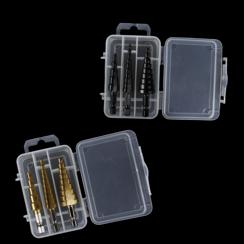 Nitruro hexagonal negro ranura recta taladro de pagoda mango hexagonal ranura recta titanio chapado paso taladro pequeño conjunto de tres piezas en caja