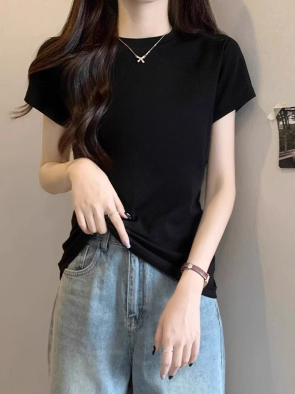 デザインニッチな右肩ピュアコットン半袖Tシャツレディース夏新作プリントスリムラウンドネックグレートップトレンディ|undefined