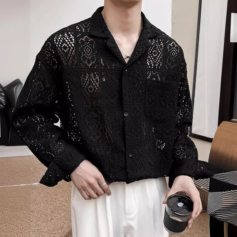 Yuppie Style Mesh Cut Out Long-Sleeved Shirt Men's Trendy Brand Trendyy Cuban Collar Hairstylist Shirt Design