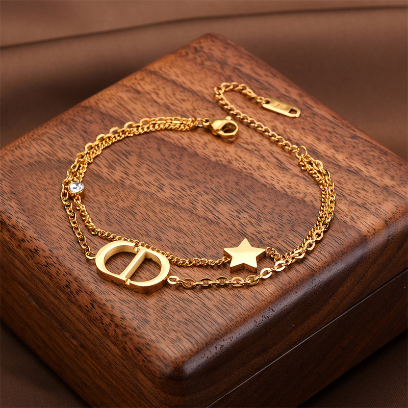 Cross-Border New High Version Letter Cd Bracelet for Women, Fashionable Retro Double-Layer Titanium Steel Bracelet for Women, Star Non-Fading Jewelry