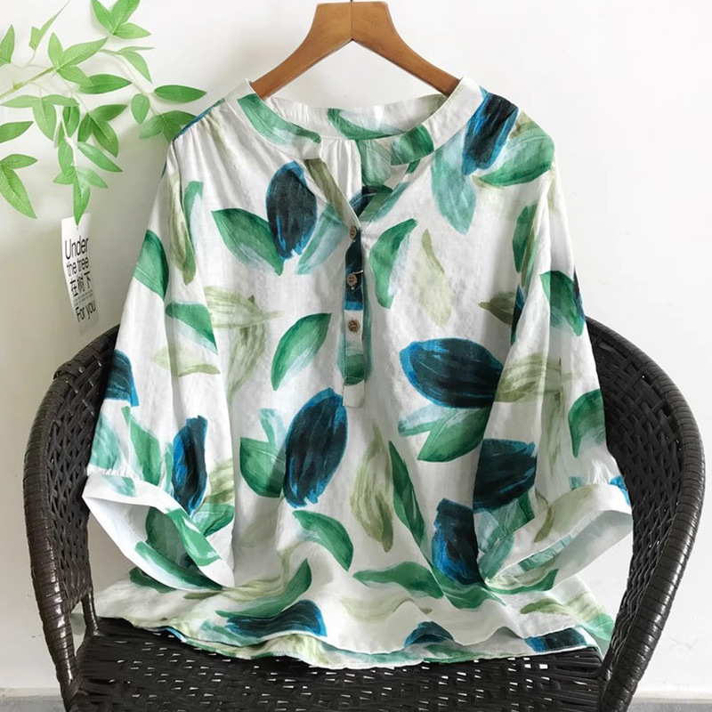 Japanese-Style Ink Wash Floral Print Top Loose V-Neck Batwing Sleeve Short-Sleeve Shirt Women's Summer Blouse