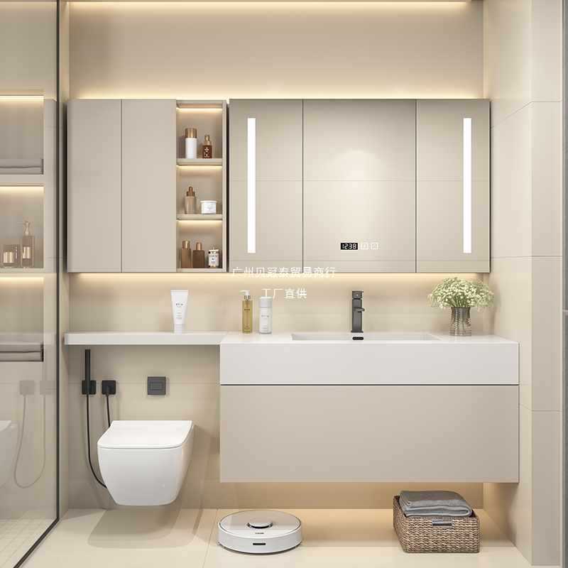 岩板一体盆橡木浴室柜组合无缝盆马桶延长卫生间智能洗漱台盆定