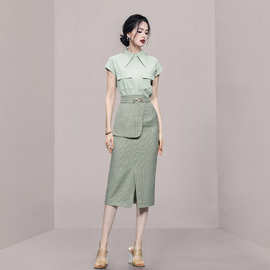 跨境2022夏季新款名媛时尚气质尖领衬衣+格子腰封修身半裙套装女