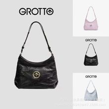 GROTTO个乐黑石hobo包经典植鞣绵羊皮腋下包高级单肩斜挎包软包女