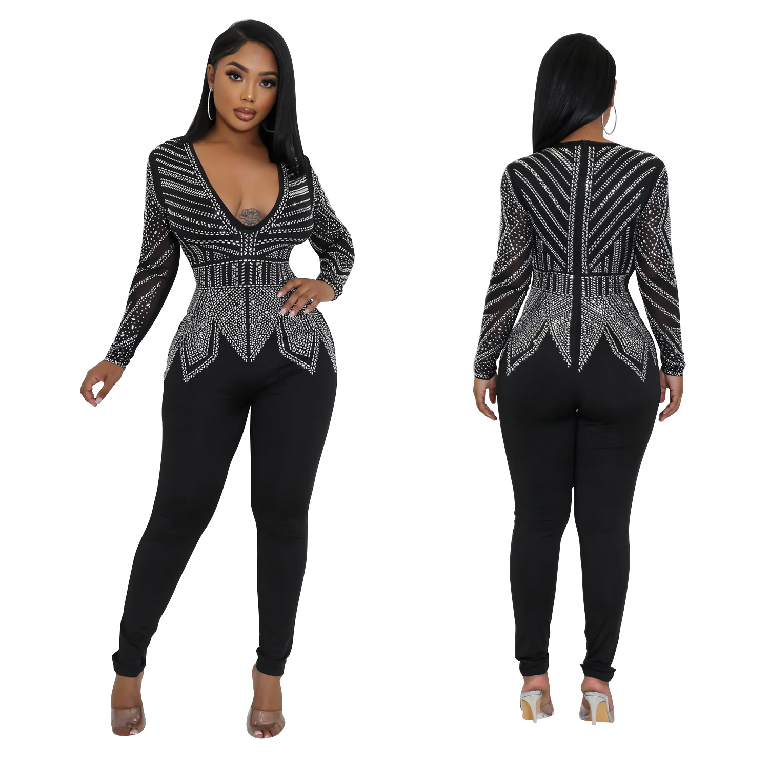 C6875 transfronteriza AliExpress Amazon Europa y América de las mujeres de color sólido V cuello taladro caliente pantalones de manga larga