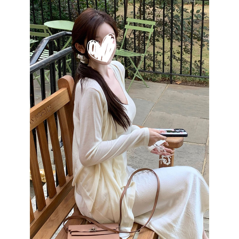 2025法式气质针织套装奶白色长袖开衫吊带上衣女浅杏色裤子三件套|undefined
