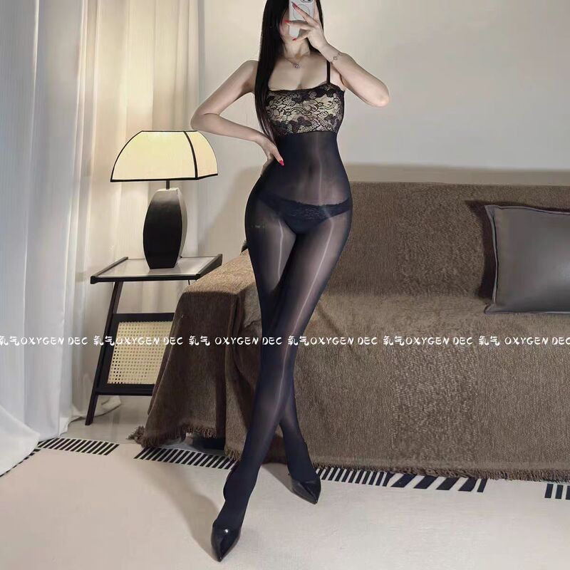 Sexy Oily and Shiny Full-Body Stockings for Women, Lace Tube Top, Suspenders, One-Piece Silky Black Stockings, Sexy Open Crotch