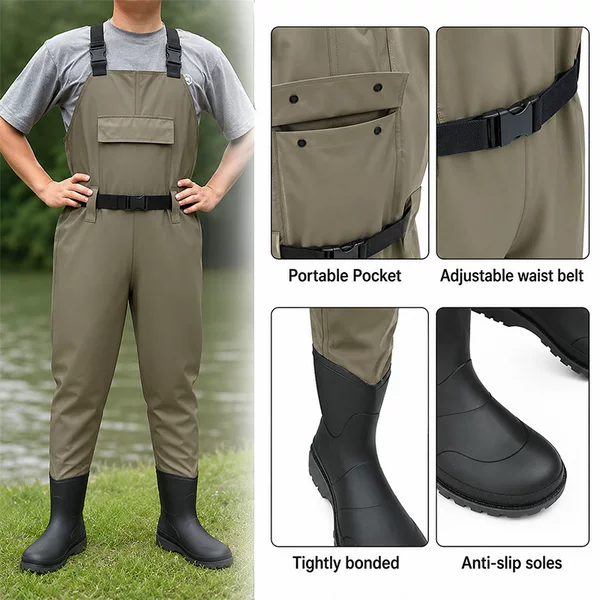 One-Piece Pvc Fishing Waders with Reinforced Stitching, Adjustable Shoulder Straps, and Front Storage