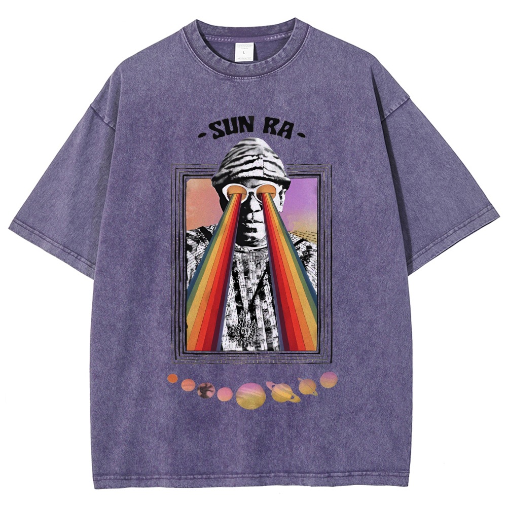 INS ホットセールメガネレインボーストリートクールレトロルーズラウンドネックピュアコットンメンズ Tシャツウォッシュ加工男性と女性用
