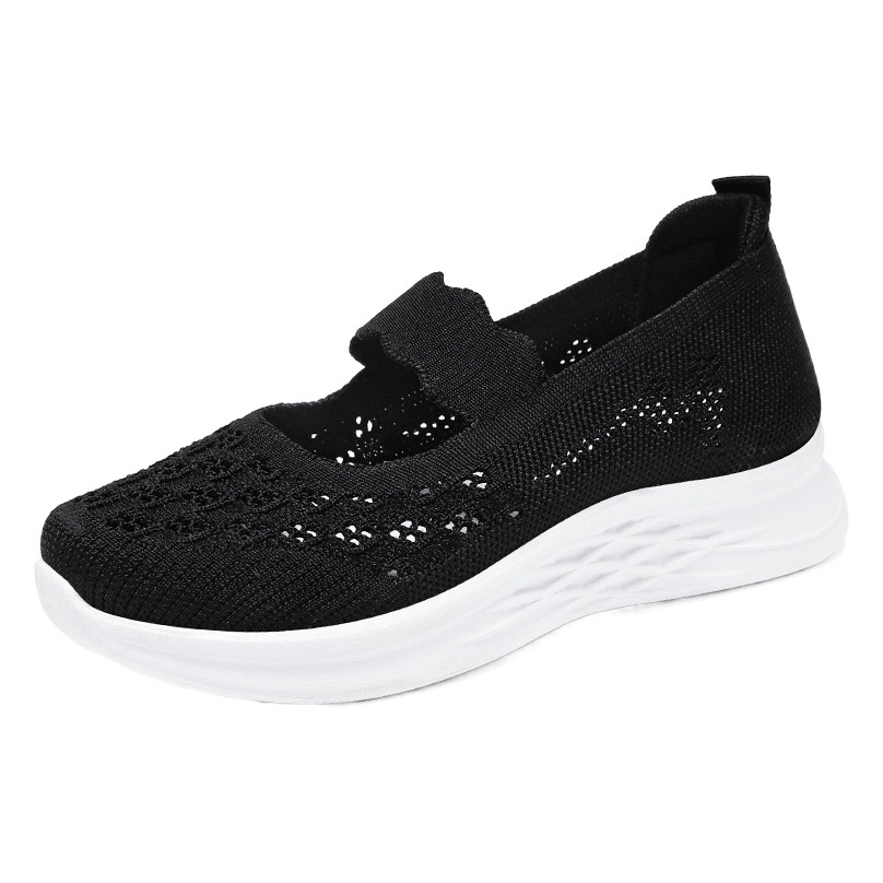 Zapatos de mujer, novedad de verano, zapatos de malla hueca tejidos con mosca, zapatos de tela de Beijing antiguos de una pierna, zapatos de mamá de moda, venta al por mayor transfronteriza