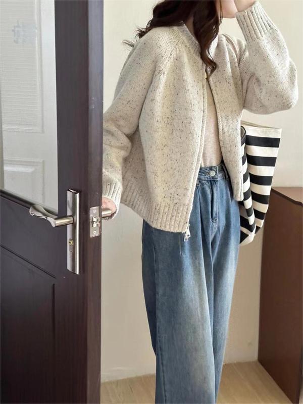 花の糸の雑色の丸首の短いセーターのカーディガンの女性の秋の婦人服の新型の復古の双ファスナーのニットはやせているコートを現します。|undefined