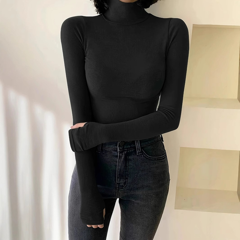 2025 Cross-Border E-Commerce Amazon Elegant Women's Slim-Fitting Turtleneck Long-Sleeved Solid Color Stretch Polyester Blend