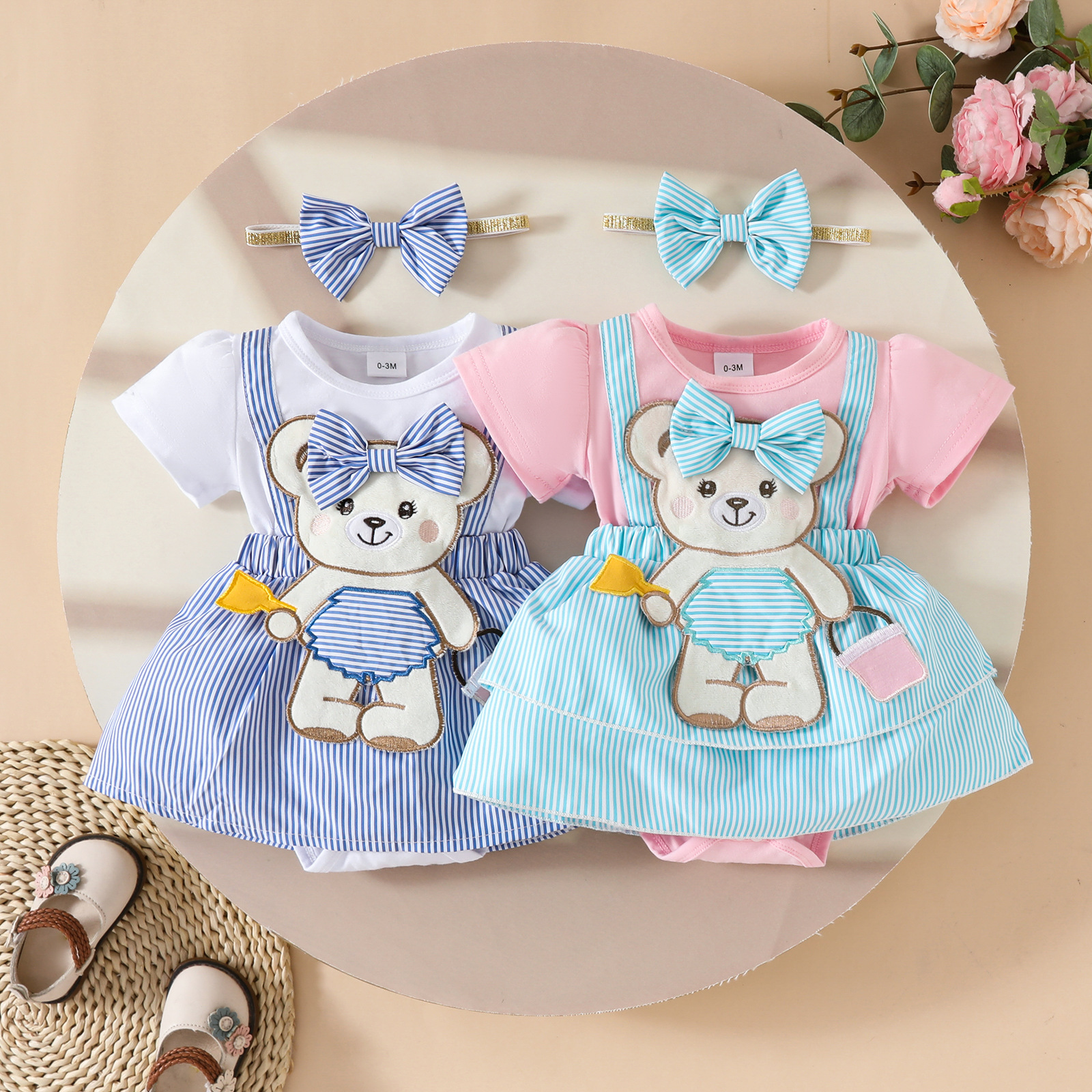 2025 Cute Baby Girl Bear Zhangzi Fake Strap Triangle Hats Striped Dress Summer 0-1 Year Old Baby's Dress