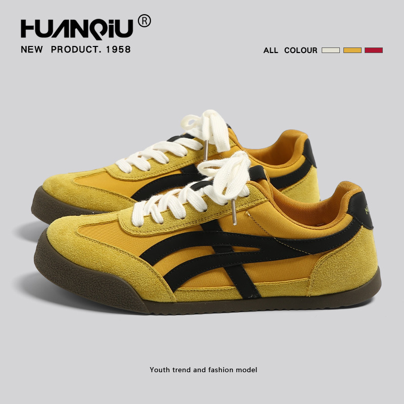 Global 2026 Autumn New Women's German Training Shoes, Yellow and Black Color Block, Retro Flat Casual Sneakers