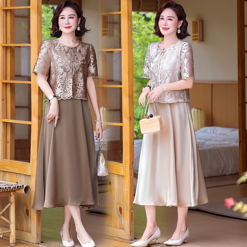 Mom's Summer Dress, Lady's Dress Two-Piece Set, 40 and 50 Years Old, Middle-Aged and Elderly Women's Fashionable Long Skirt, Thin Cardigan Suit Skirt Mom's Summer Dress, Lady's Dress Two-Piece Set, 40 and 50 Years Old, Middle-Aged and Elderly Women's Fashionable Long Skirt, Thin Cardigan Suit Skirt