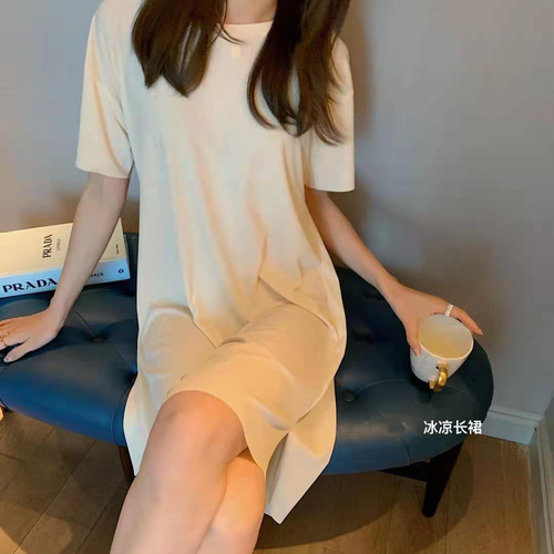 Summer fabric small nine cool long dress, Japanese girl style dress, loose home wear sleepwear, high-waisted, slimming, icy feel.